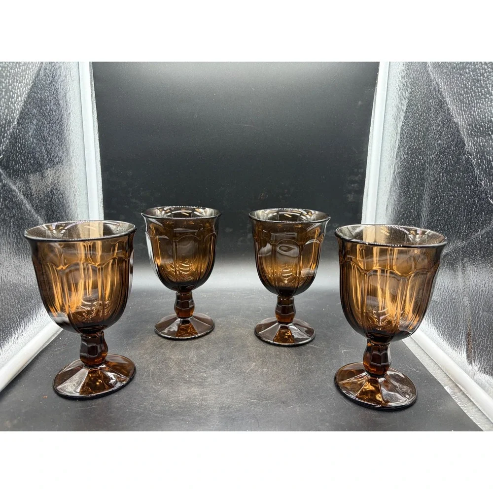 Libbey Cavalcade Amber Brown Glass Goblets Set 4 Vintage Footed Water Wine 5.5
